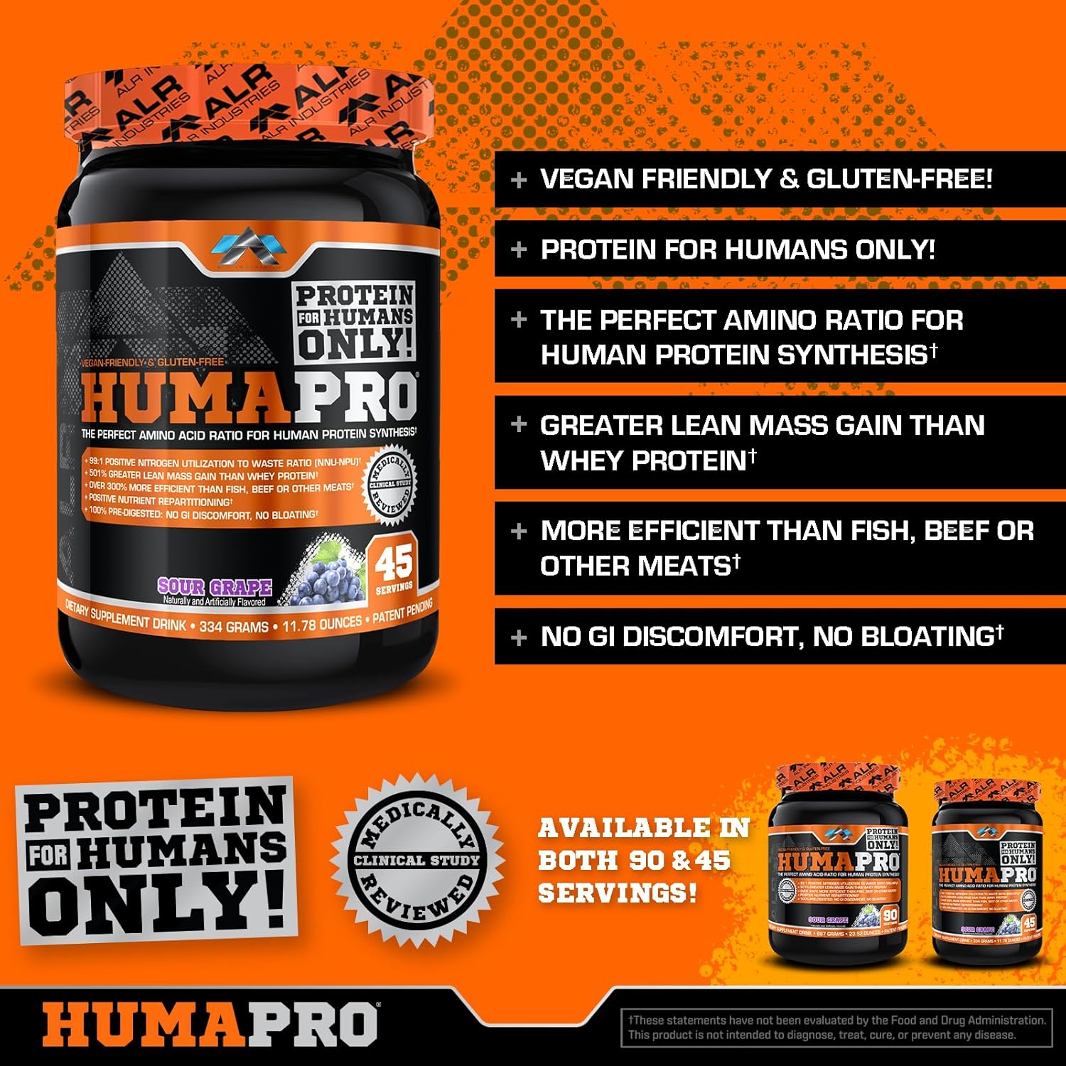 ALR Industries Humapro Amino Acids Protein Matrix | 99% Utilization for Lean Muscle | Vegan, Gluten Free | 334g/45 Servings Sour Grape Flavor