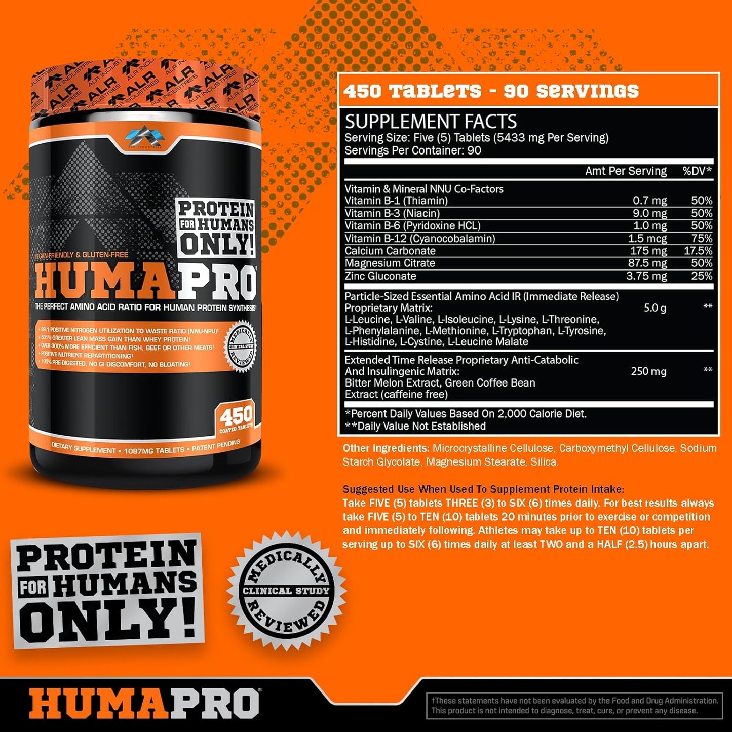 ALR Industries Humapro Amino Acids Tablets | 99% Utilization for Lean Muscle | Vegan & Gluten-Free | 450 Tablets / 90 Servings