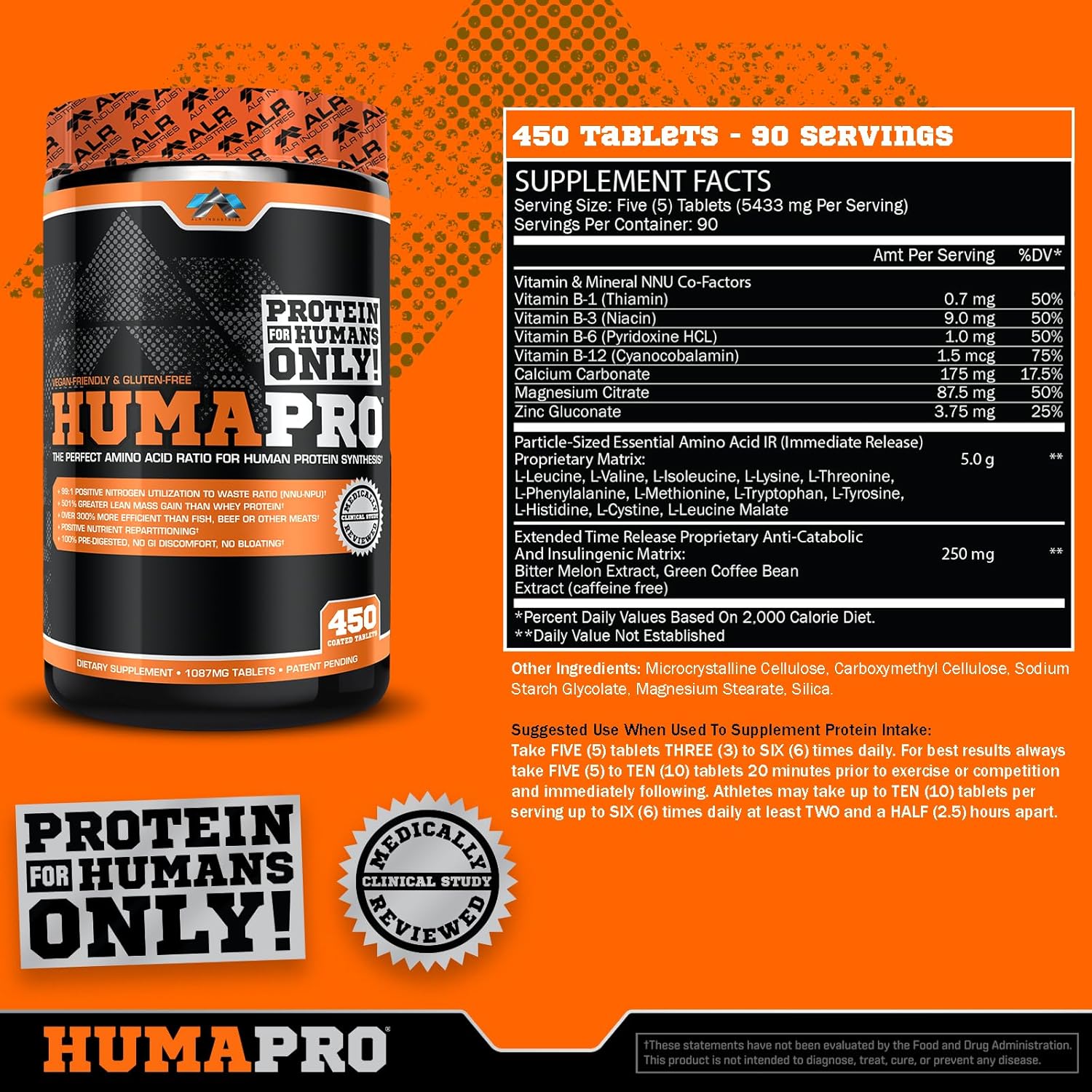 ALR Industries Humapro Amino Acids Tablets | 99% Utilization for Lean Muscle | Vegan & Gluten-Free | 450 Tablets / 90 Servings