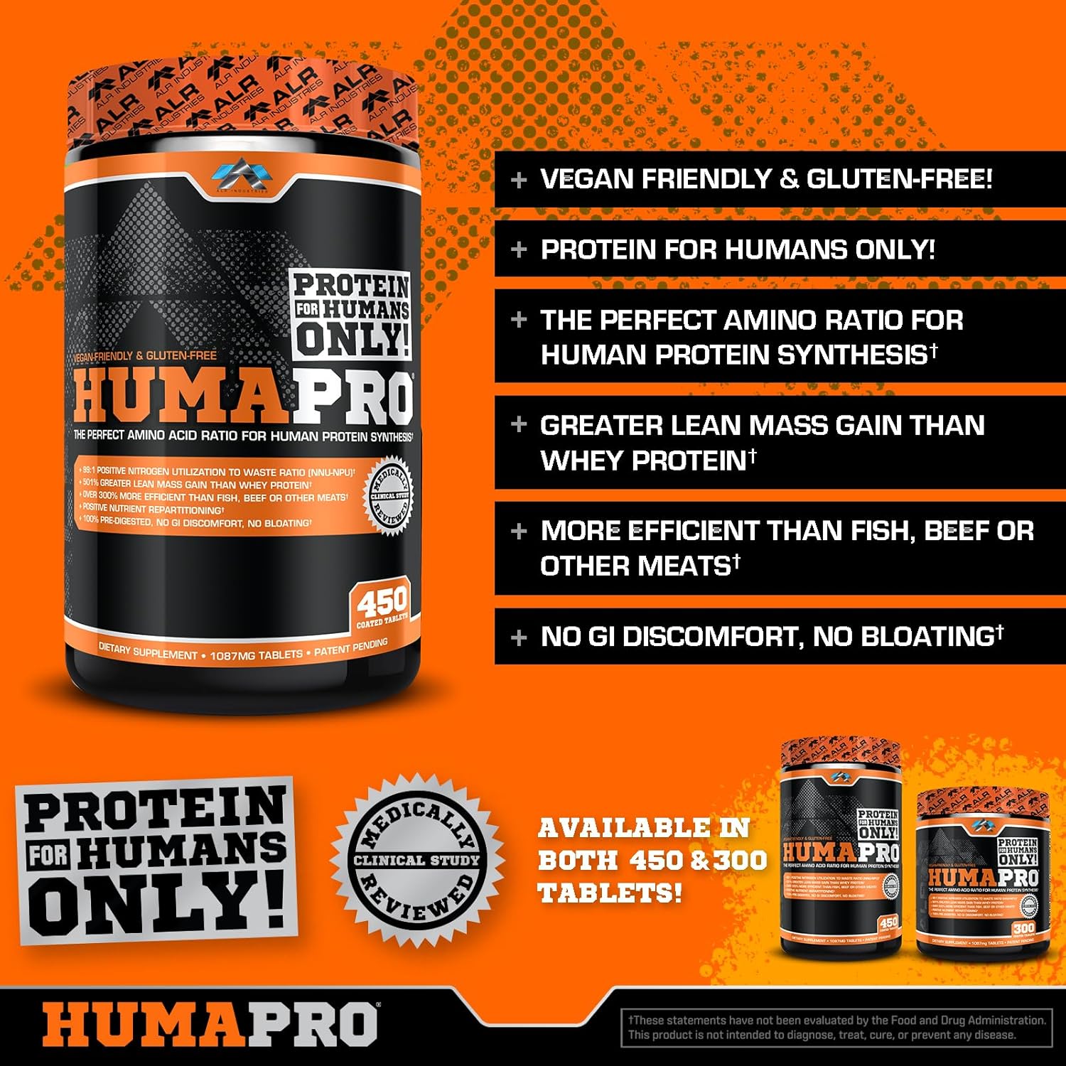 ALR Industries Humapro Amino Acids Tablets | 99% Utilization for Lean Muscle | Vegan & Gluten-Free | 450 Tablets / 90 Servings