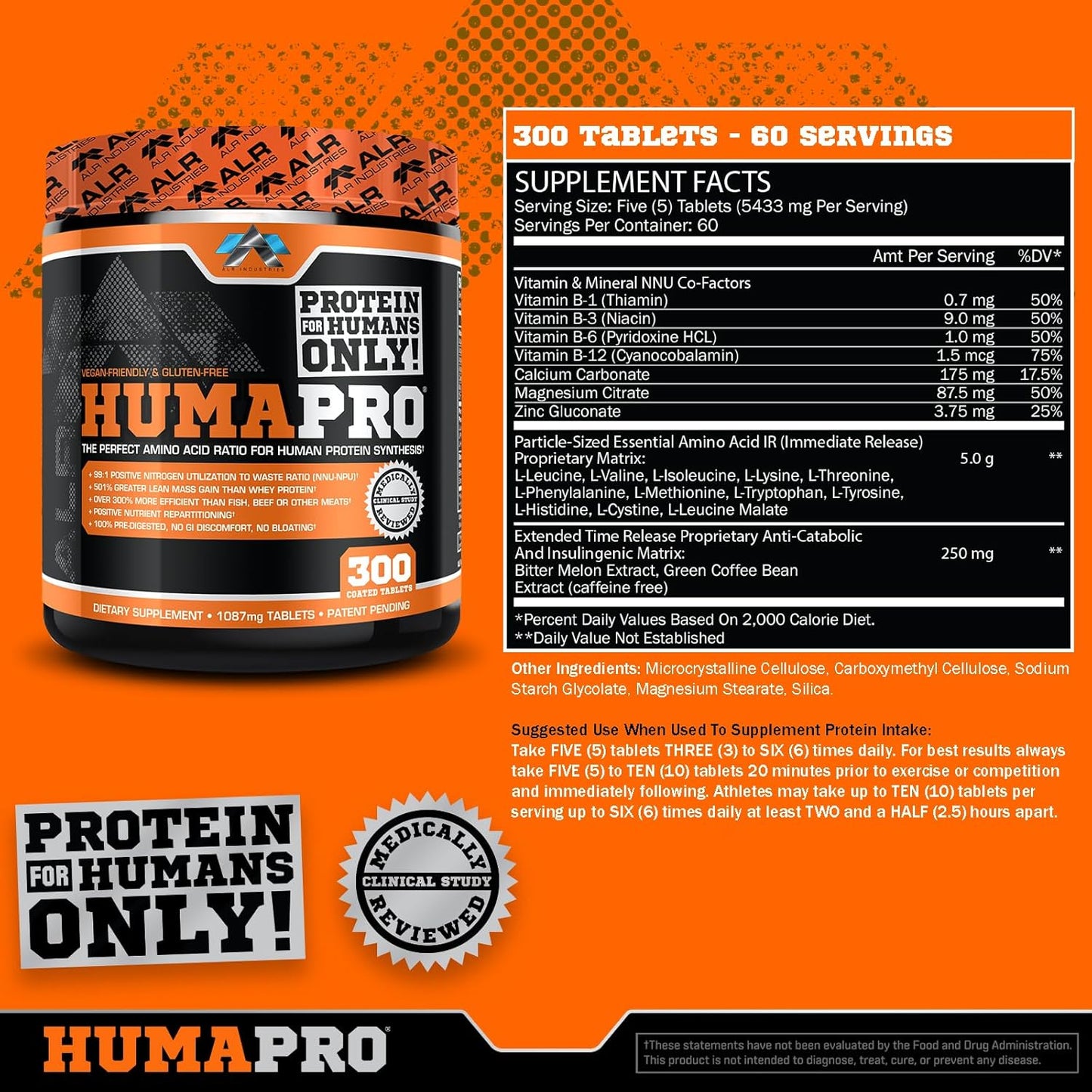 ALR Industries Humapro Tablets: Amino Acids Protein Matrix for Lean Muscle | 99% Utilization | Vegan & Gluten Free | 300 Tablets