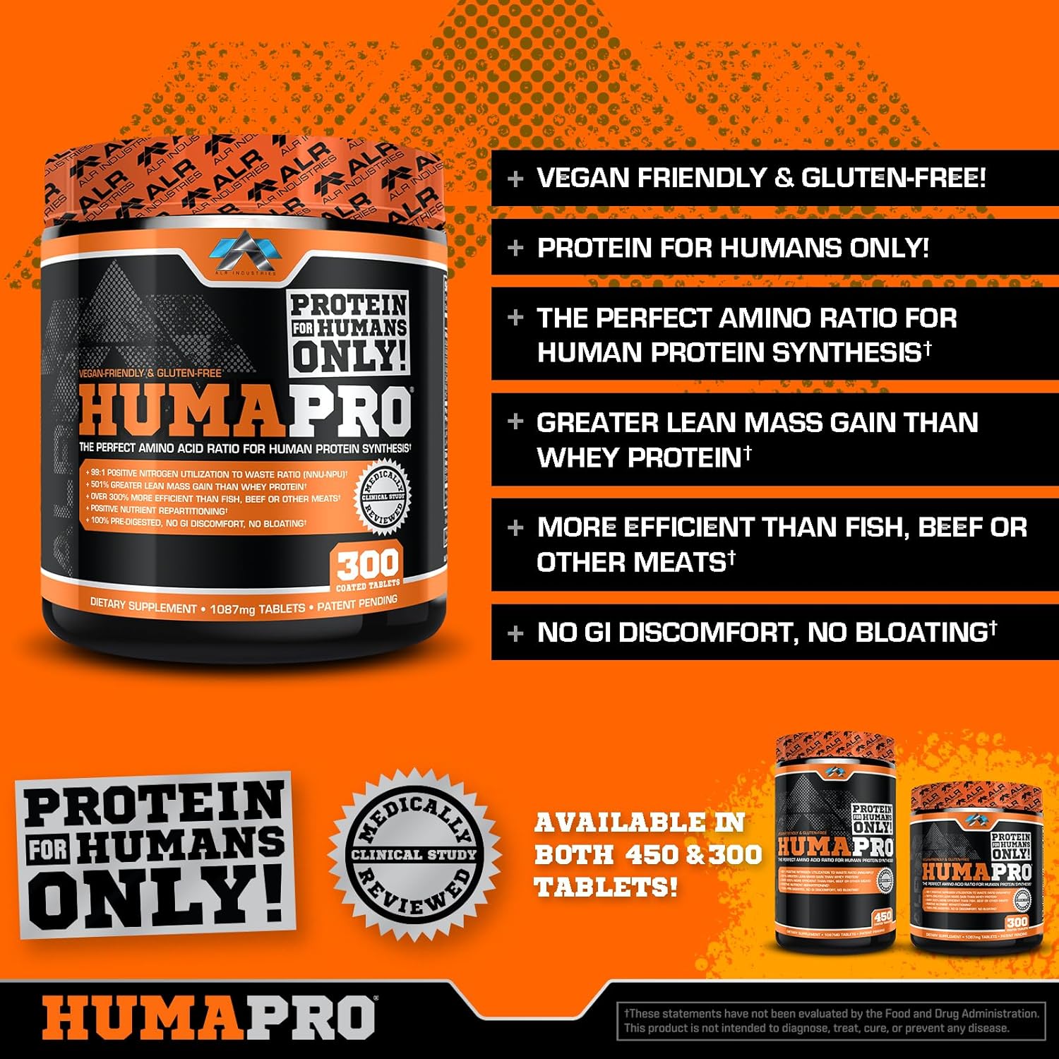 ALR Industries Humapro Tablets: Amino Acids Protein Matrix for Lean Muscle | 99% Utilization | Vegan & Gluten Free | 300 Tablets