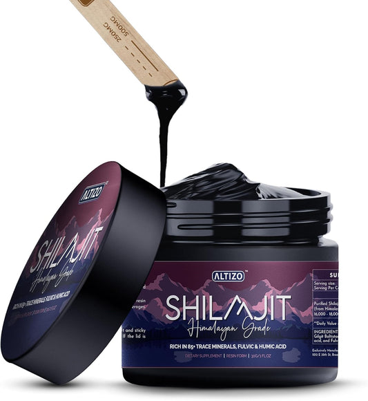 Altizo Shilajit Pure Himalayan Organic Resin - Natural Shilajit Resin with High Potency Fulvic Acid & 85 Trace Minerals - Energy Booster & Immune Support Supplement - 500mg - Lab Tested & Includes Spoon