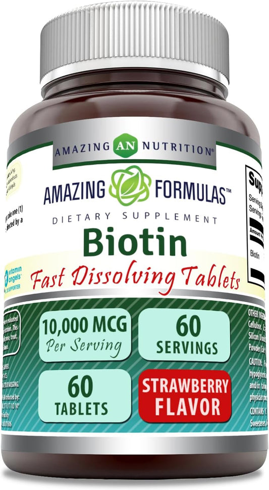 Amazing Formulas Biotin 10,000 mcg Fast Dissolve Tablets - Non-GMO Gluten Free Supplement - Made in USA - Strawberry Flavor - 60 Count