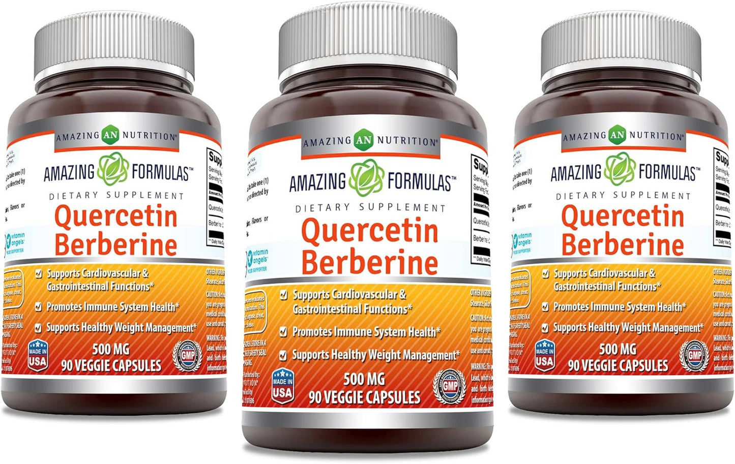 Amazing Formulas Quercetin Berberine Supplement 250mg | Non-GMO Veggie Capsules | Gluten Free | Made in USA | 90 Count (Pack of 3)