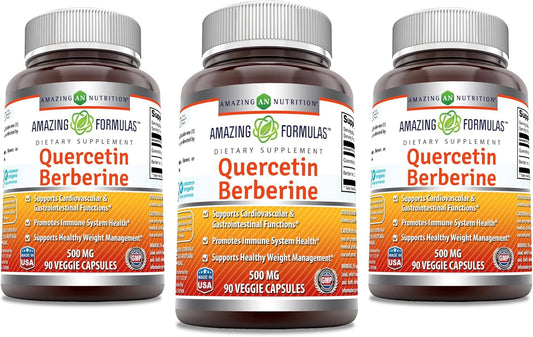 Amazing Formulas Quercetin Berberine Supplement 250mg | Non-GMO Veggie Capsules | Gluten Free | Made in USA | 90 Count (Pack of 3)