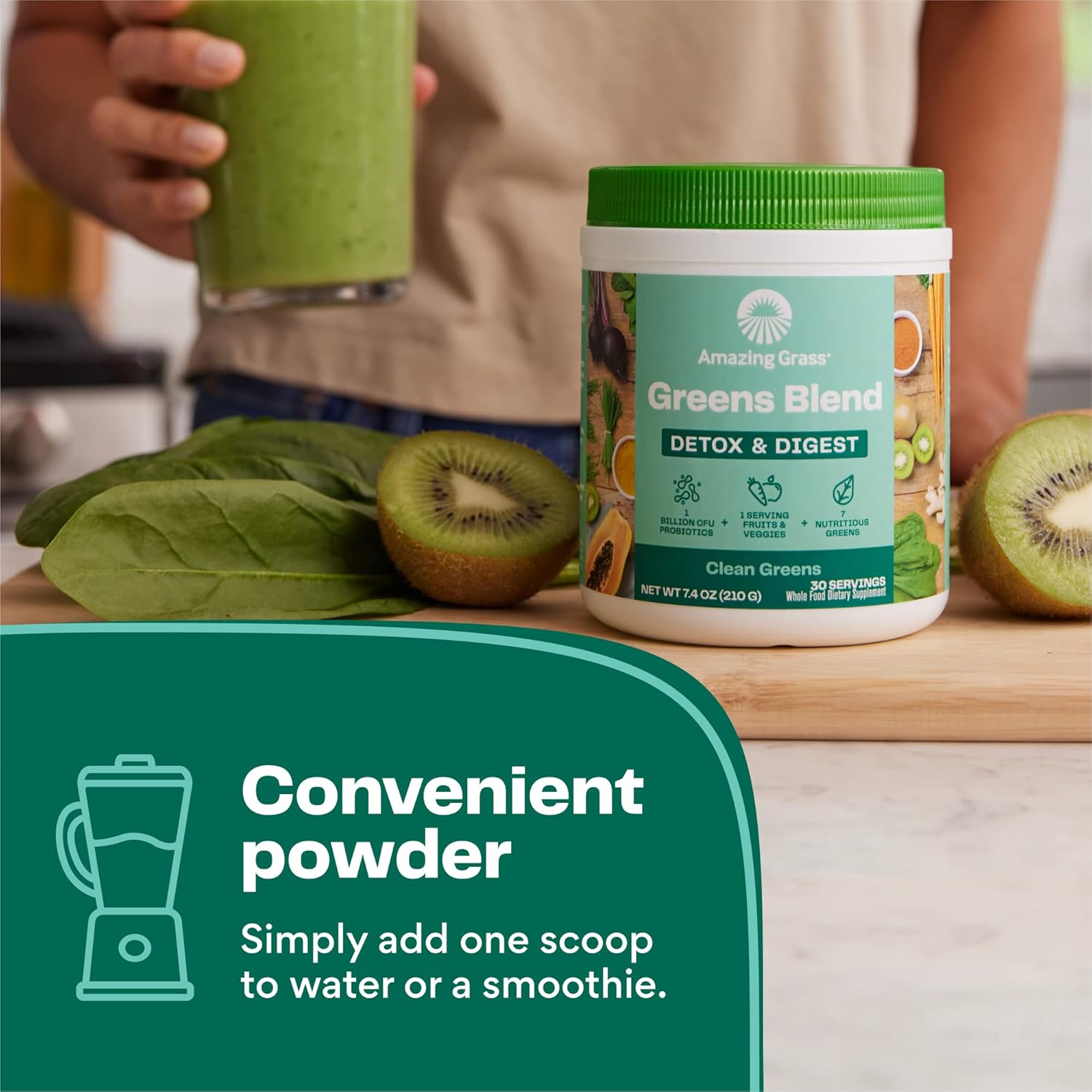 Amazing Grass Greens Superfood Detox & Digest: Greens Powder with Digestive Enzymes & Probiotics, Clean Green, 30 Servings