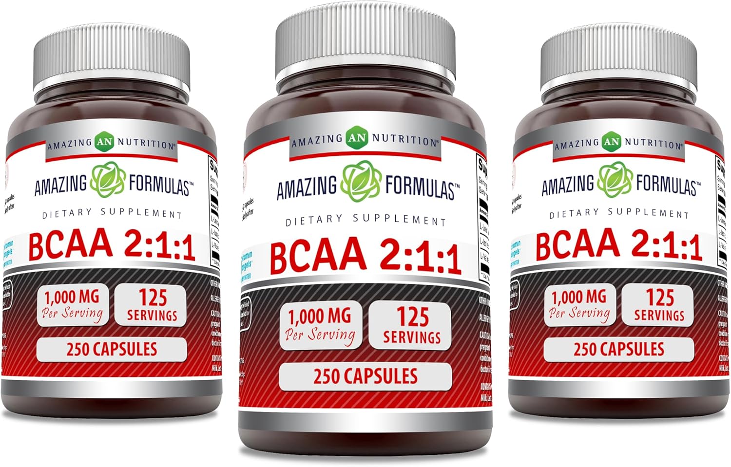 Amazing Nutrition Amazing Formulas BCAA 2:1:1 Capsules - 1000mg Per Serving - 3 Pack of 250 Count - BCAA Supplement - Non-GMO - Gluten-Free - Made in USA