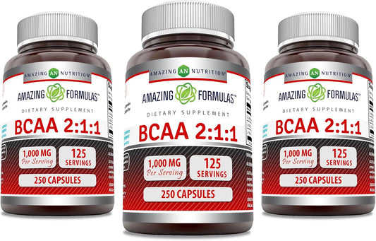 Amazing Nutrition Amazing Formulas BCAA 2:1:1 Capsules - 1000mg Per Serving - 3 Pack of 250 Count - BCAA Supplement - Non-GMO - Gluten-Free - Made in USA