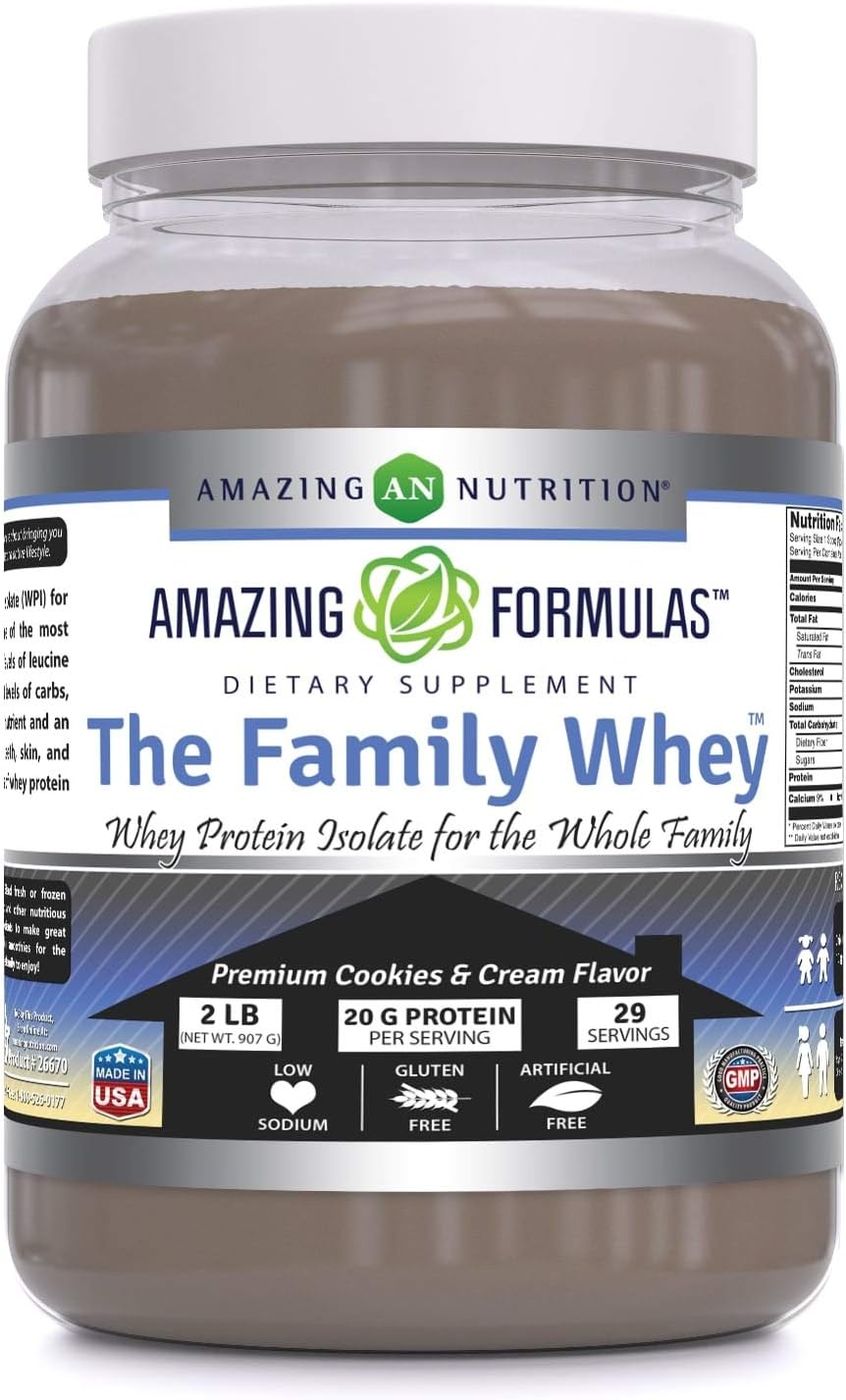 Amazing Nutrition Amazing Formulas Family Whey Protein Isolate Powder - 2 lbs - Complete & Pure Protein - Gluten Free (Cookie & Cream)
