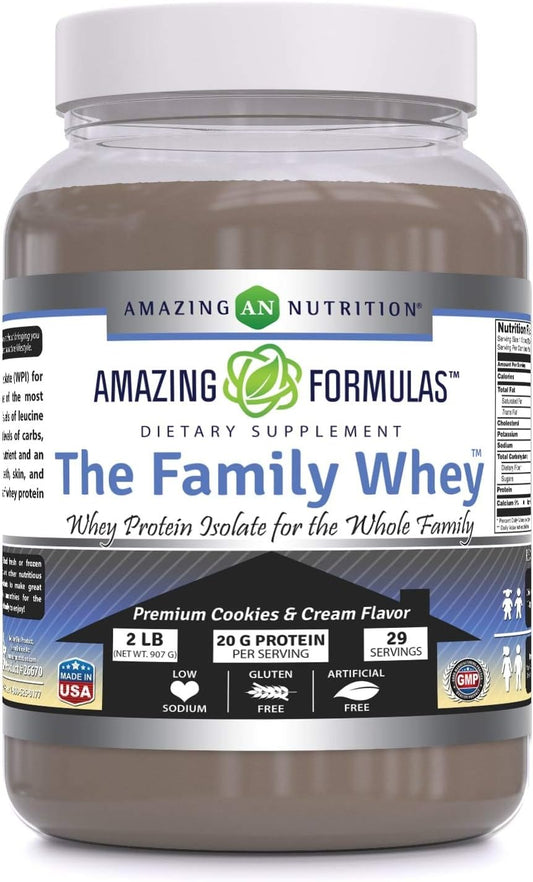Amazing Nutrition Amazing Formulas Family Whey Protein Isolate Powder - 2 lbs - Complete & Pure Protein - Gluten Free (Cookie & Cream)