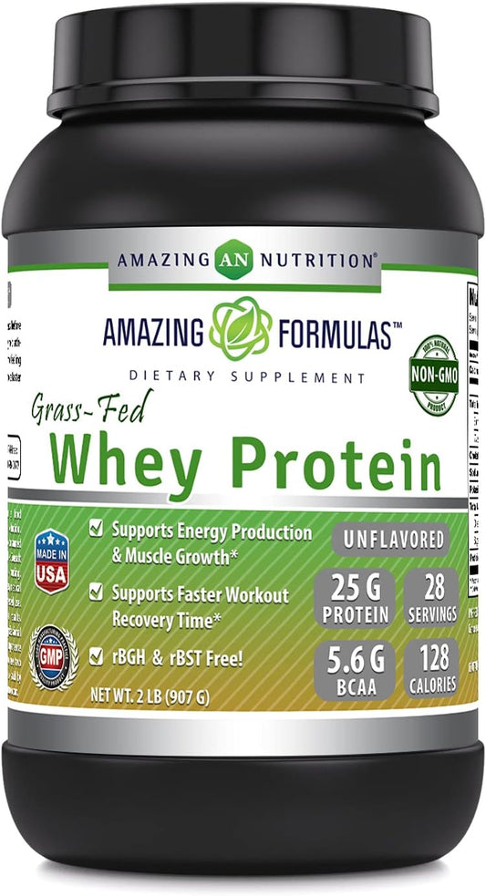 Amazing Nutrition Amazing Formulas Grass-Fed Whey Protein: Non-GMO, Gluten-Free, Natural Sweetener, Supports Energy & Muscle Growth - 2 Lb.