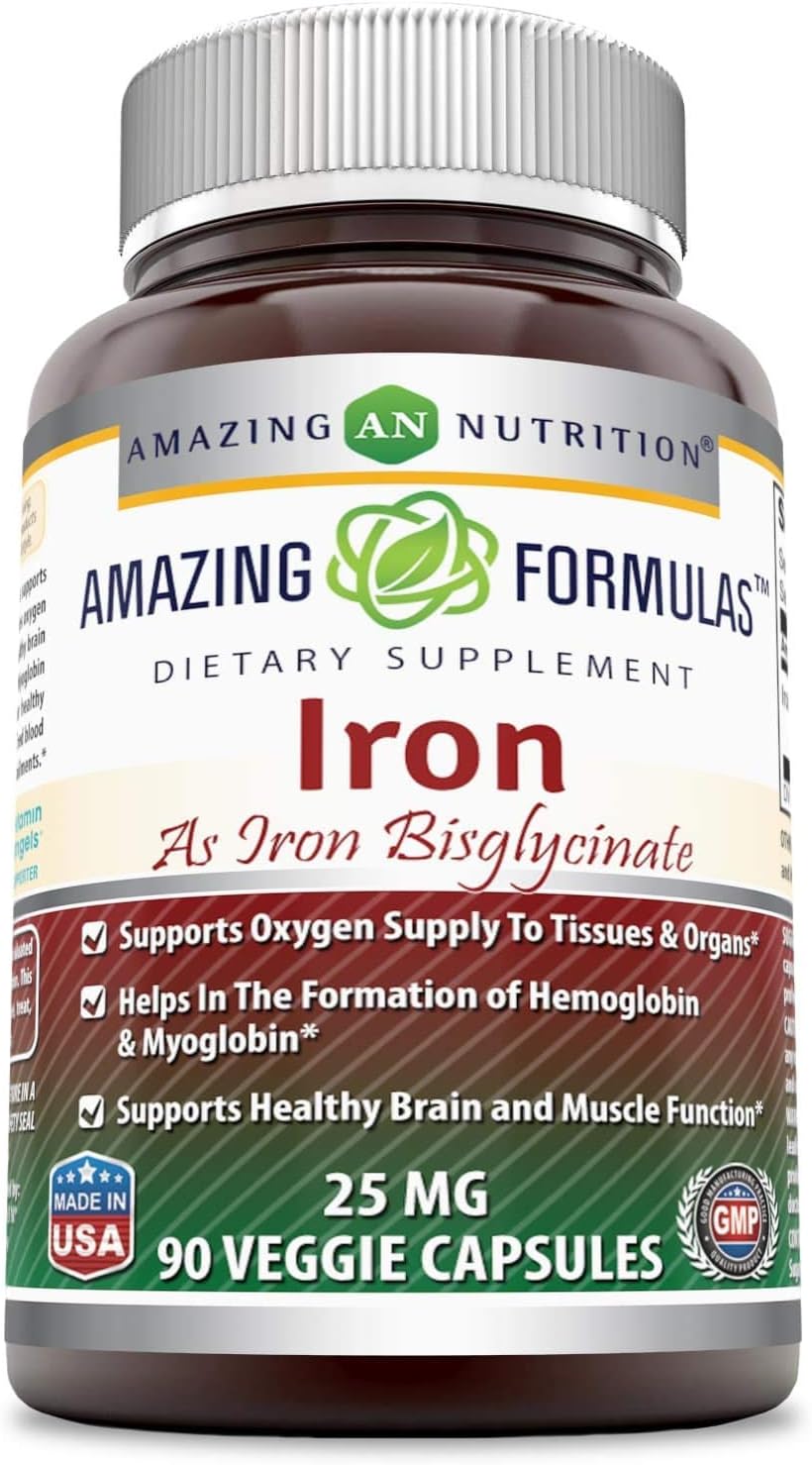 Amazing Nutrition Amazing Formulas Iron Bisglycinate Capsules - 25mg, Non-GMO, Gluten Free, Supports Oxygen Supply to Tissues & Organs, 90 Veggie Capsules