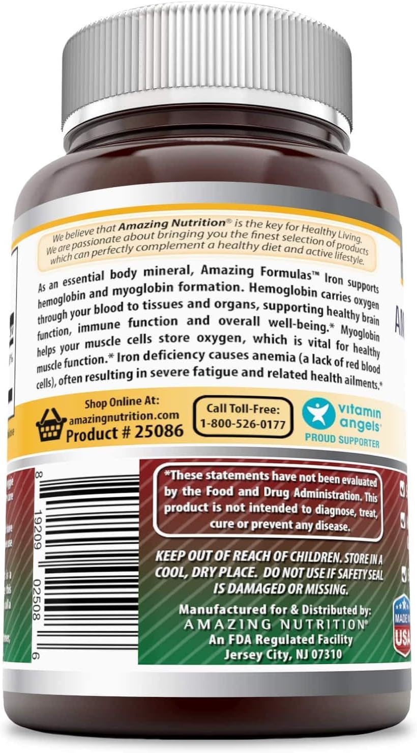 Amazing Nutrition Amazing Formulas Iron Bisglycinate Capsules - 25mg, Non-GMO, Gluten Free, Supports Oxygen Supply to Tissues & Organs, 90 Veggie Capsules