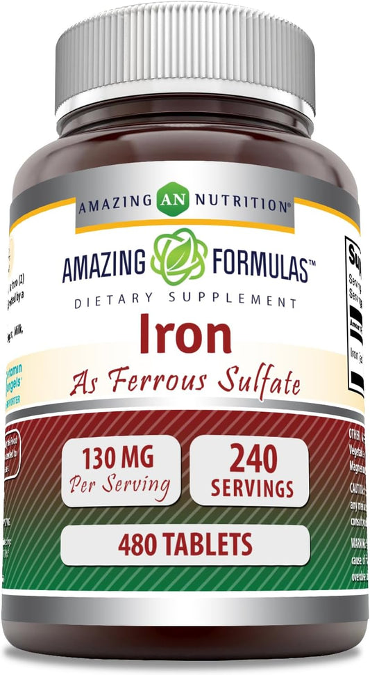 Amazing Nutrition Amazing Formulas Iron Supplement Tablets - 65mg Ferrous Sulfate, Non-GMO, Gluten Free, Made in USA - 480 Count