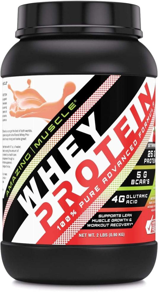 Amazing Nutrition Amazing Muscle 100% Whey Protein Powder - Strawberry Flavor, 2 lb - Enhanced Formula with Whey Protein Isolate and Ultra Filtered Whey Protein Concentrate