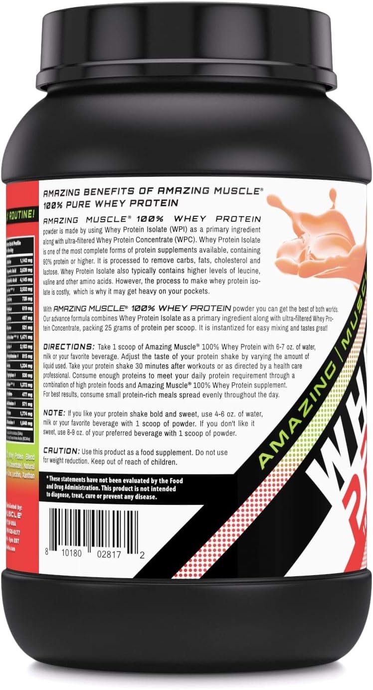 Amazing Nutrition Amazing Muscle 100% Whey Protein Powder - Strawberry Flavor, 2 lb - Enhanced Formula with Whey Protein Isolate and Ultra Filtered Whey Protein Concentrate