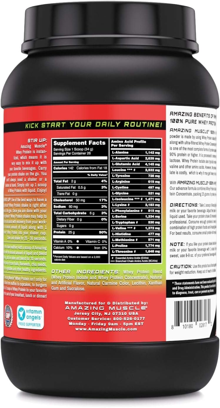 Amazing Nutrition Amazing Muscle 100% Whey Protein Powder - Strawberry Flavor, 2 lb - Enhanced Formula with Whey Protein Isolate and Ultra Filtered Whey Protein Concentrate