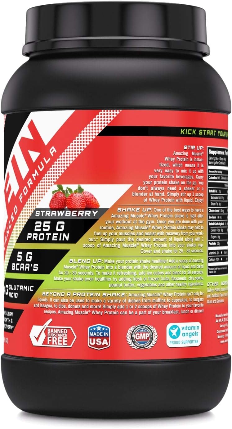 Amazing Nutrition Amazing Muscle 100% Whey Protein Powder - Strawberry Flavor, 2 lb - Enhanced Formula with Whey Protein Isolate and Ultra Filtered Whey Protein Concentrate