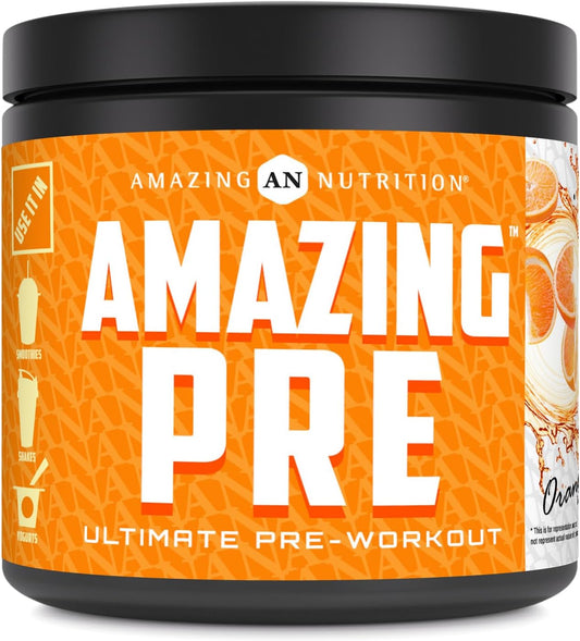 Amazing Nutrition Amazing PRE: Ultimate Pre-Workout Supplement with 2.5 Grams BCAA - Natural Orange Flavor - 30 Servings Powder