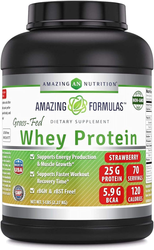 Amazing Nutrition Grass Fed Whey Protein Supplement - Strawberry Flavor, 25g Protein, 5 lbs, Non-GMO, Gluten-Free, USA-Made