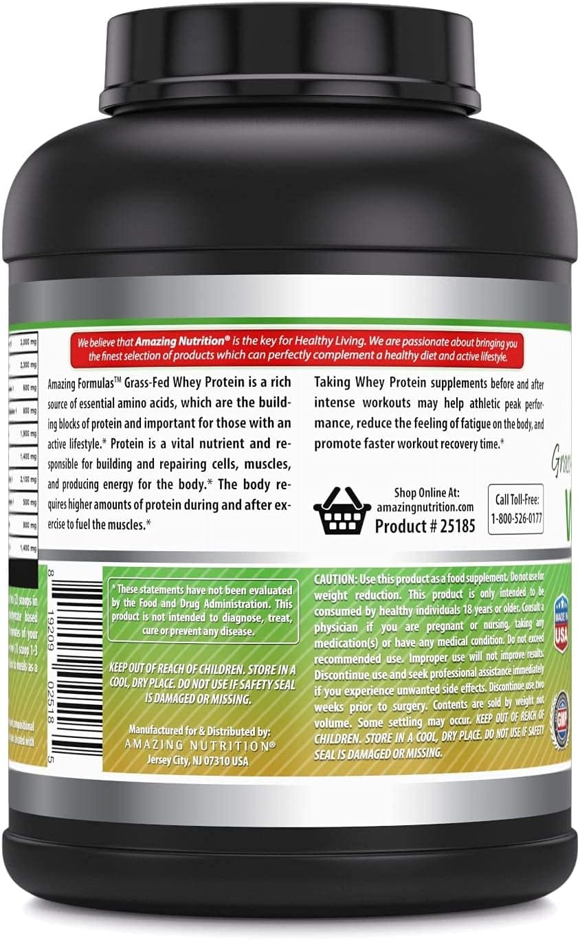 Amazing Nutrition Grass Fed Whey Protein Supplement - Strawberry Flavor, 25g Protein, 5 lbs, Non-GMO, Gluten-Free, USA-Made