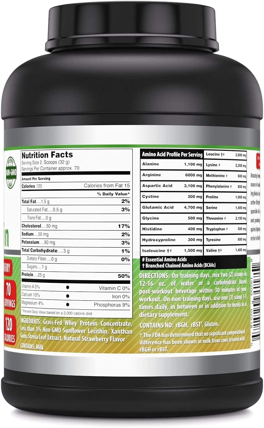 Amazing Nutrition Grass Fed Whey Protein Supplement - Strawberry Flavor, 25g Protein, 5 lbs, Non-GMO, Gluten-Free, USA-Made