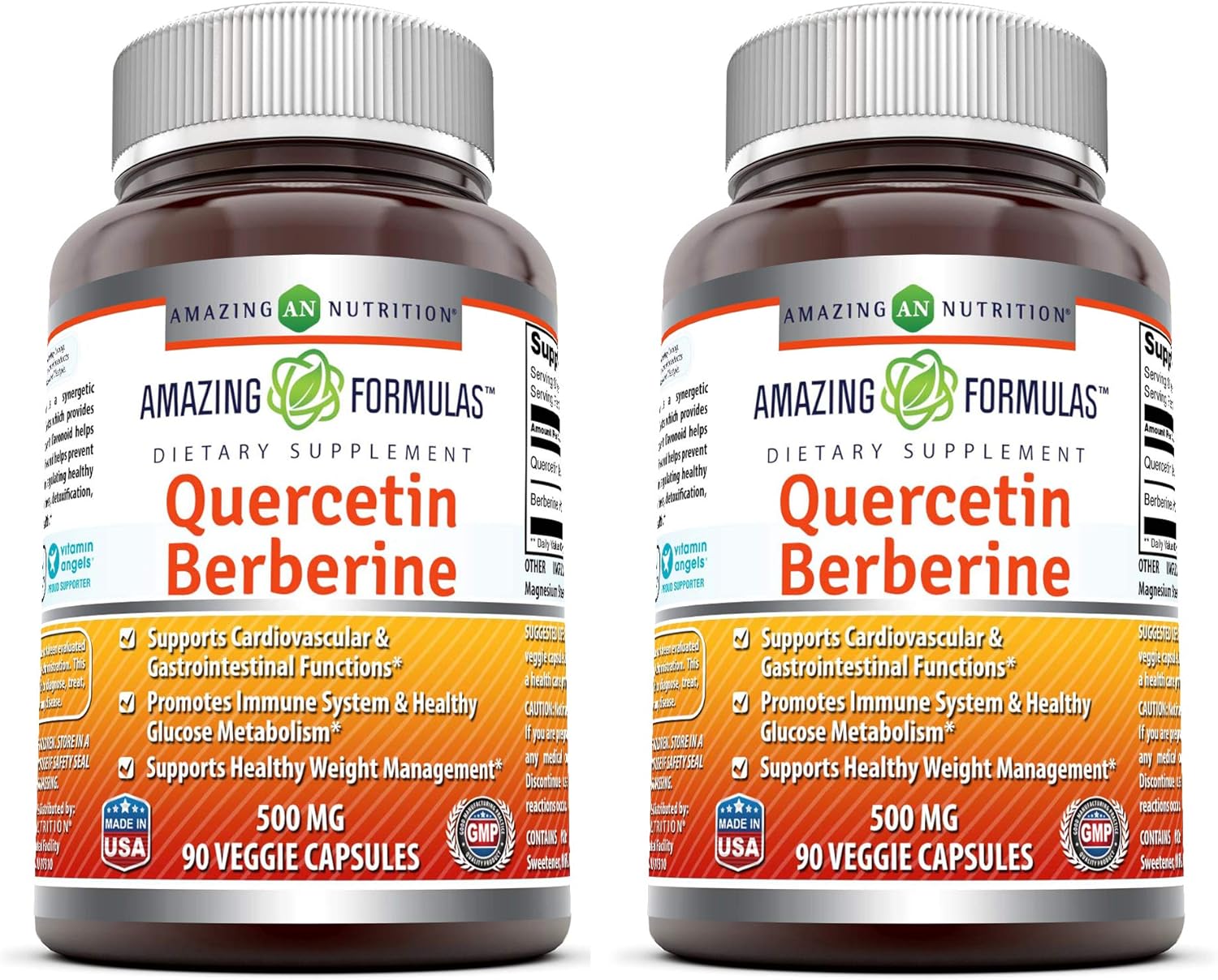 Amazing Nutrition Quercetin Berberine Capsules - 250mg Each, Non-GMO, Gluten-Free, Made in USA - 90 Veggie Capsules (2 Pack)