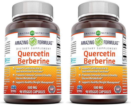 Amazing Nutrition Quercetin Berberine Capsules - 250mg Each, Non-GMO, Gluten-Free, Made in USA - 90 Veggie Capsules (2 Pack)