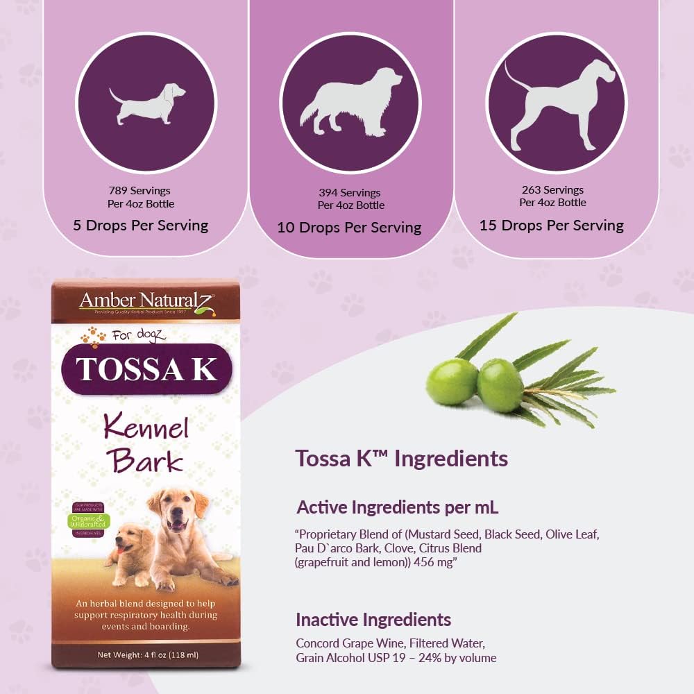 Amber NaturalZ Tossa K Kennel Bark Herbal Supplements for Dogs | Canine Respiratory Health Blend | 4oz Glass Bottle | USA Made