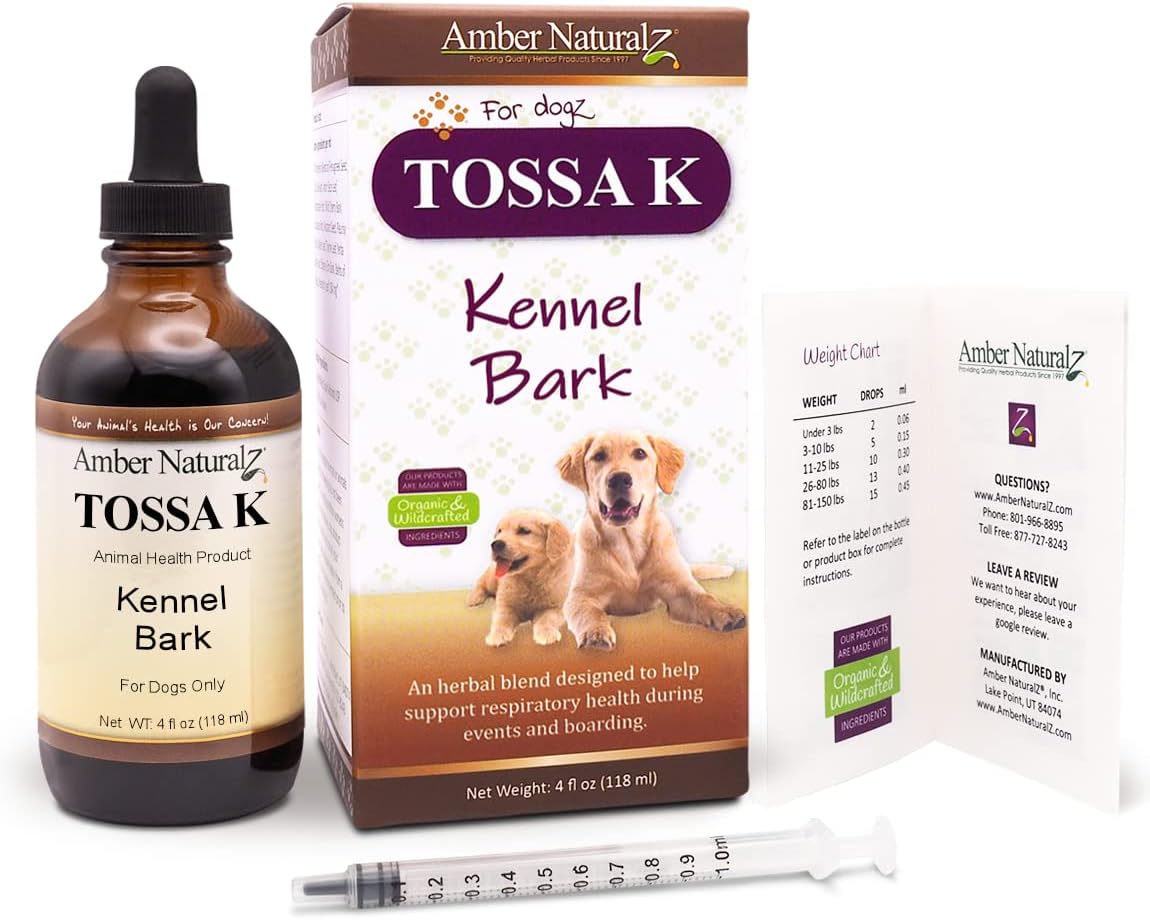 Amber NaturalZ Tossa K Kennel Bark Herbal Supplements for Dogs | Canine Respiratory Health Blend | 4oz Glass Bottle | USA Made