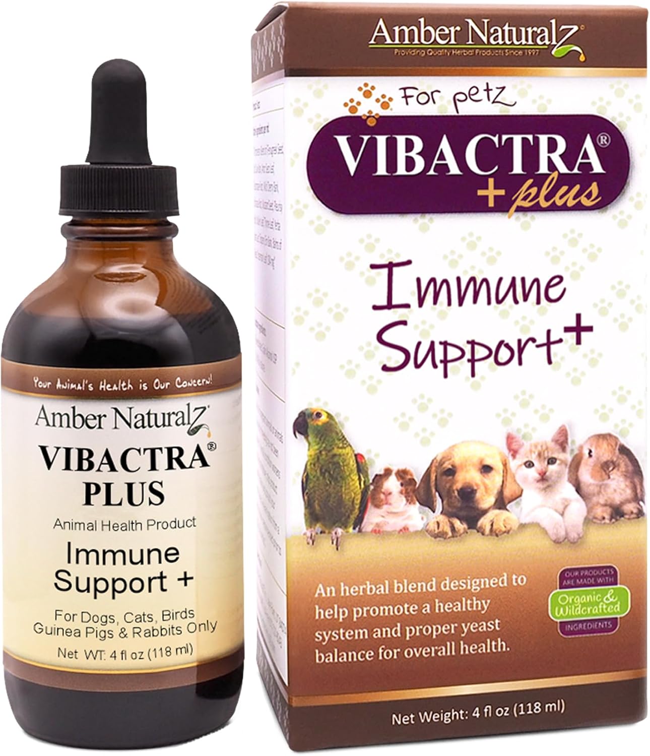 Amber NaturalZ Vibactra Plus Herbal Supplement for Pets | Immune Health Support | 4oz Glass Bottle | Made in USA
