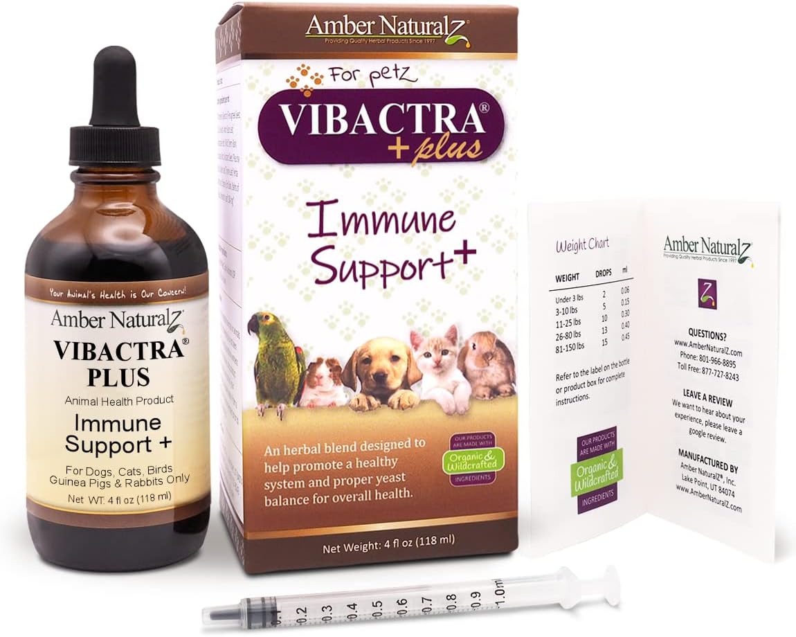 Amber NaturalZ Vibactra Plus Herbal Supplement for Pets | Immune Health Support | 4oz Glass Bottle | Made in USA