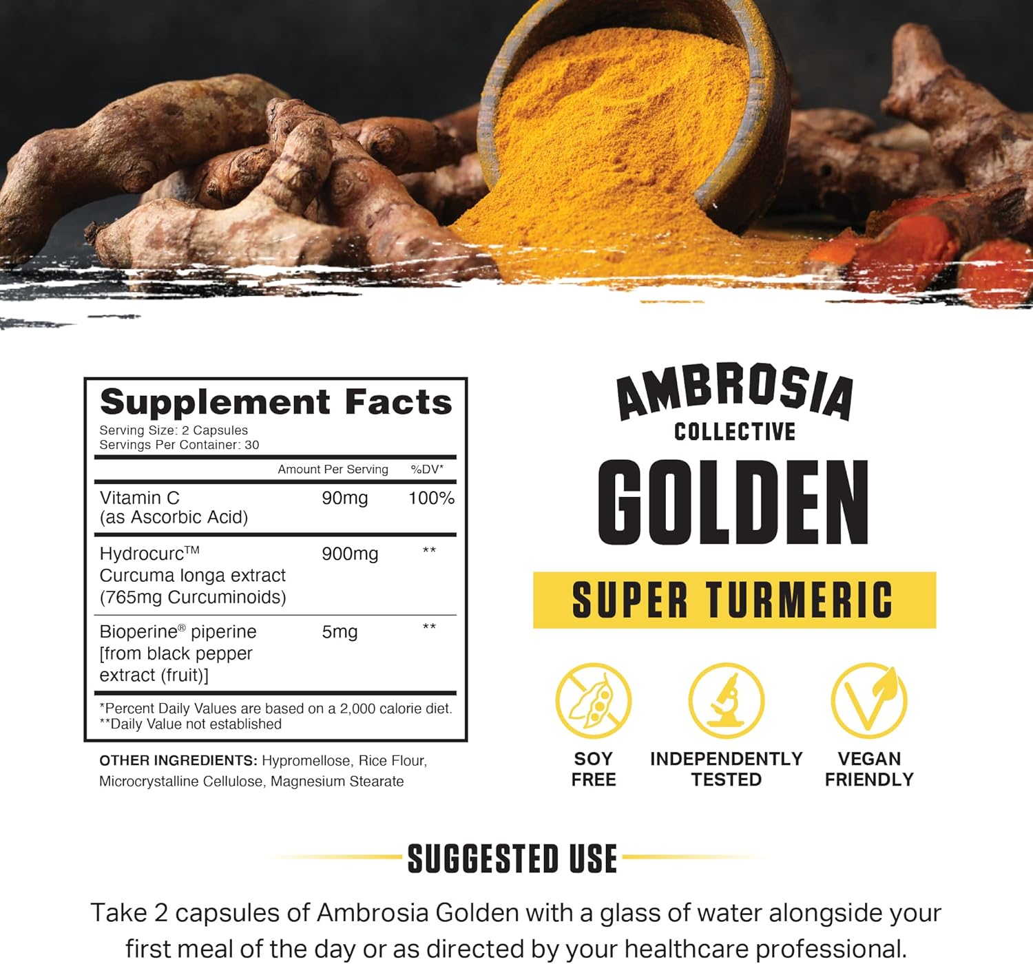 Ambrosia Golden Super Turmeric Capsules | High Absorption Curcumin | Gut & Brain Health Support | Joint Care | 765mg Curcuminoids | 60 Veg Caps (30 Days)