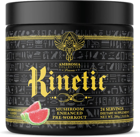 Ambrosia Kinetic Organic Preworkout with Mushroom Enhanced Nootropic Superfood Powder for Energy - Watermelon Candy Flavor