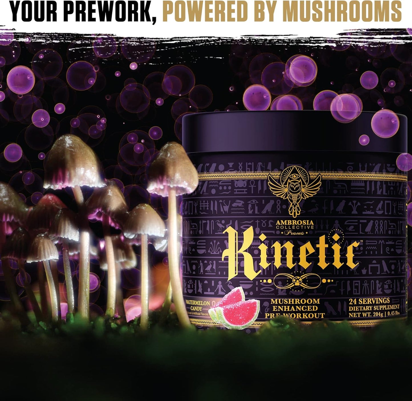 Ambrosia Kinetic Organic Preworkout with Mushroom Enhanced Nootropic Superfood Powder for Energy - Watermelon Candy Flavor