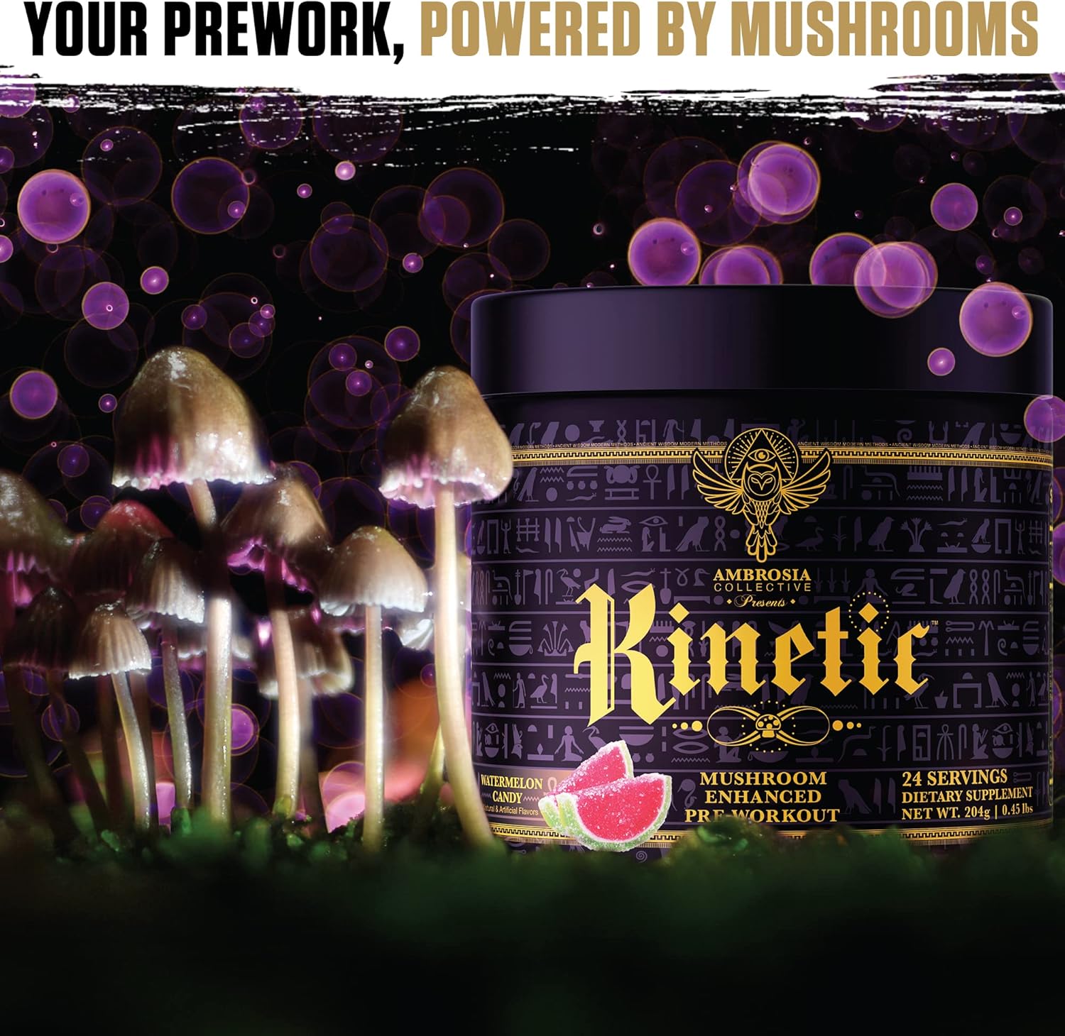 Ambrosia Kinetic Organic Preworkout with Mushroom Enhanced Nootropic Superfood Powder for Energy - Watermelon Candy Flavor