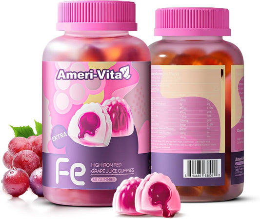 Ameri-Vita Heme Iron Gummies for Women & Adults - 20mg Gentle Iron with Vitamin C, B12, Folate, Salmon Peptides - Non-Constipating, Sugar-Free - 60 Count