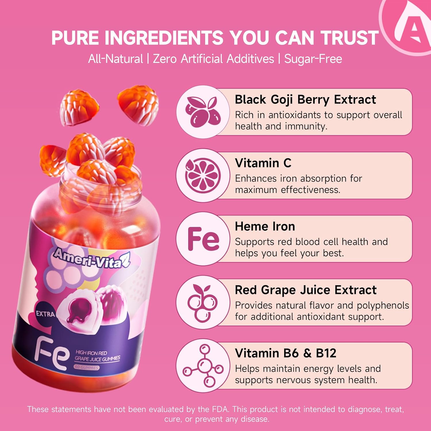 Ameri-Vita Heme Iron Gummies for Women & Adults - 20mg Gentle Iron with Vitamin C, B12, Folate, Salmon Peptides - Non-Constipating, Sugar-Free - 60 Count