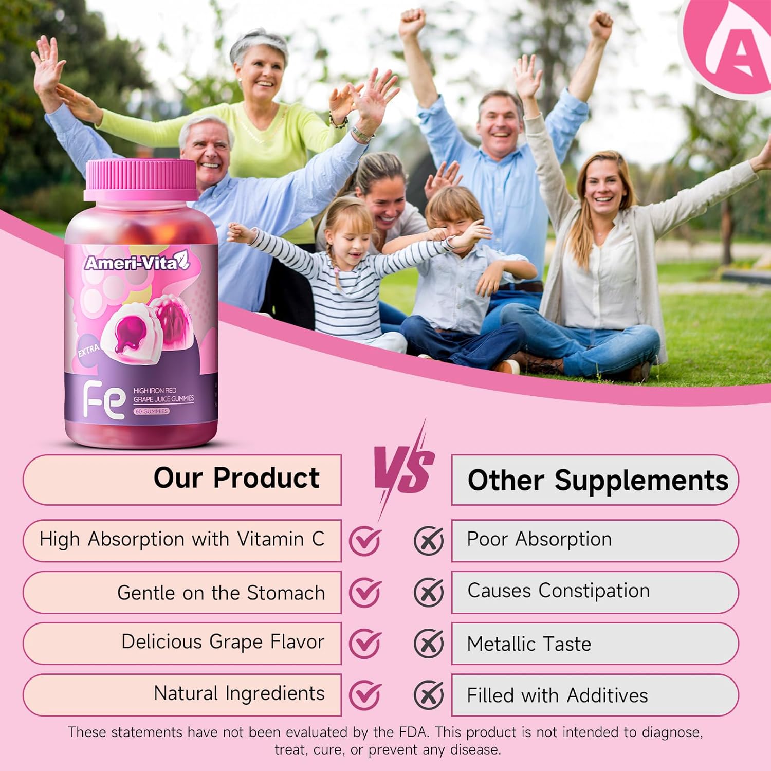 Ameri-Vita Heme Iron Gummies for Women & Adults - 20mg Gentle Iron with Vitamin C, B12, Folate, Salmon Peptides - Non-Constipating, Sugar-Free - 60 Count