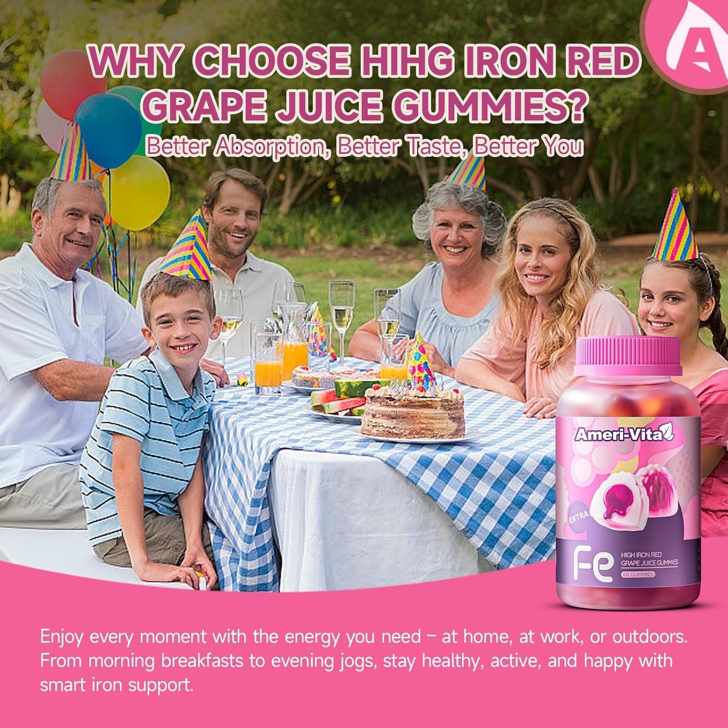 Ameri-Vita Heme Iron Gummies for Women & Adults - 20mg Gentle Iron with Vitamin C, B12, Folate, Salmon Peptides - Non-Constipating, Sugar-Free - 60 Count