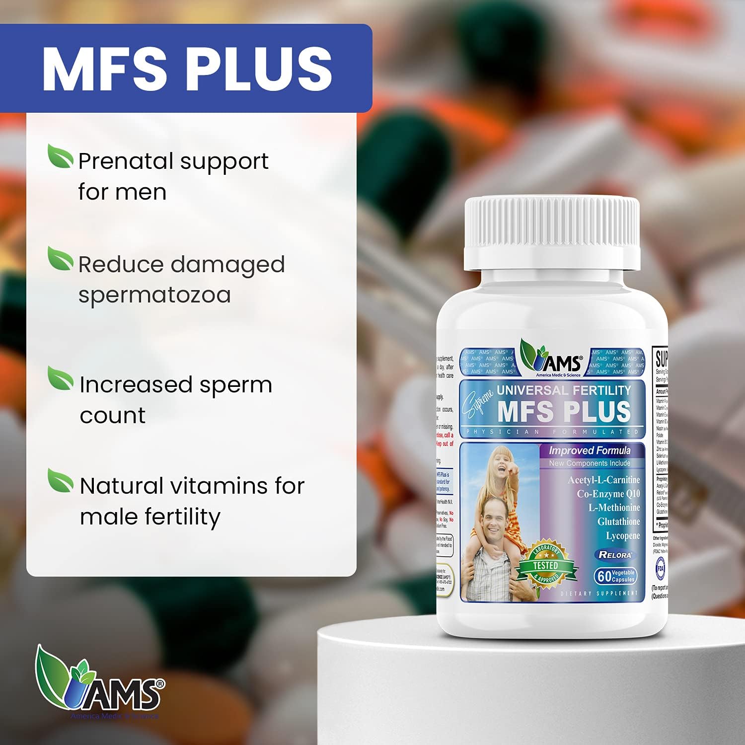 America Medic & Science MFS Plus Fertility Supplements for Men - 60 Capsules, Boost Sperm Count & Motility, Zinc & CoQ10