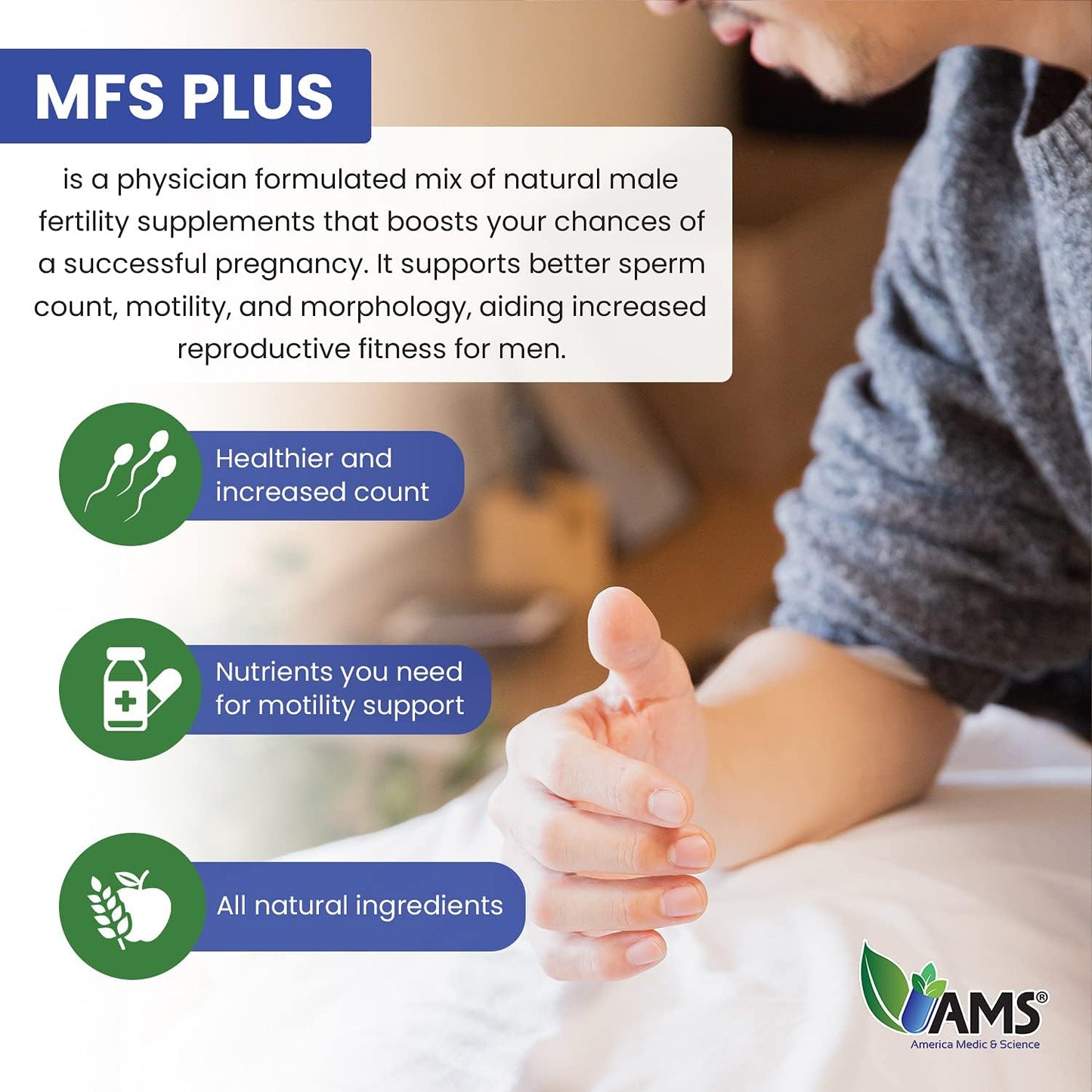 America Medic & Science MFS Plus Fertility Supplements for Men - 60 Capsules, Boost Sperm Count & Motility, Zinc & CoQ10