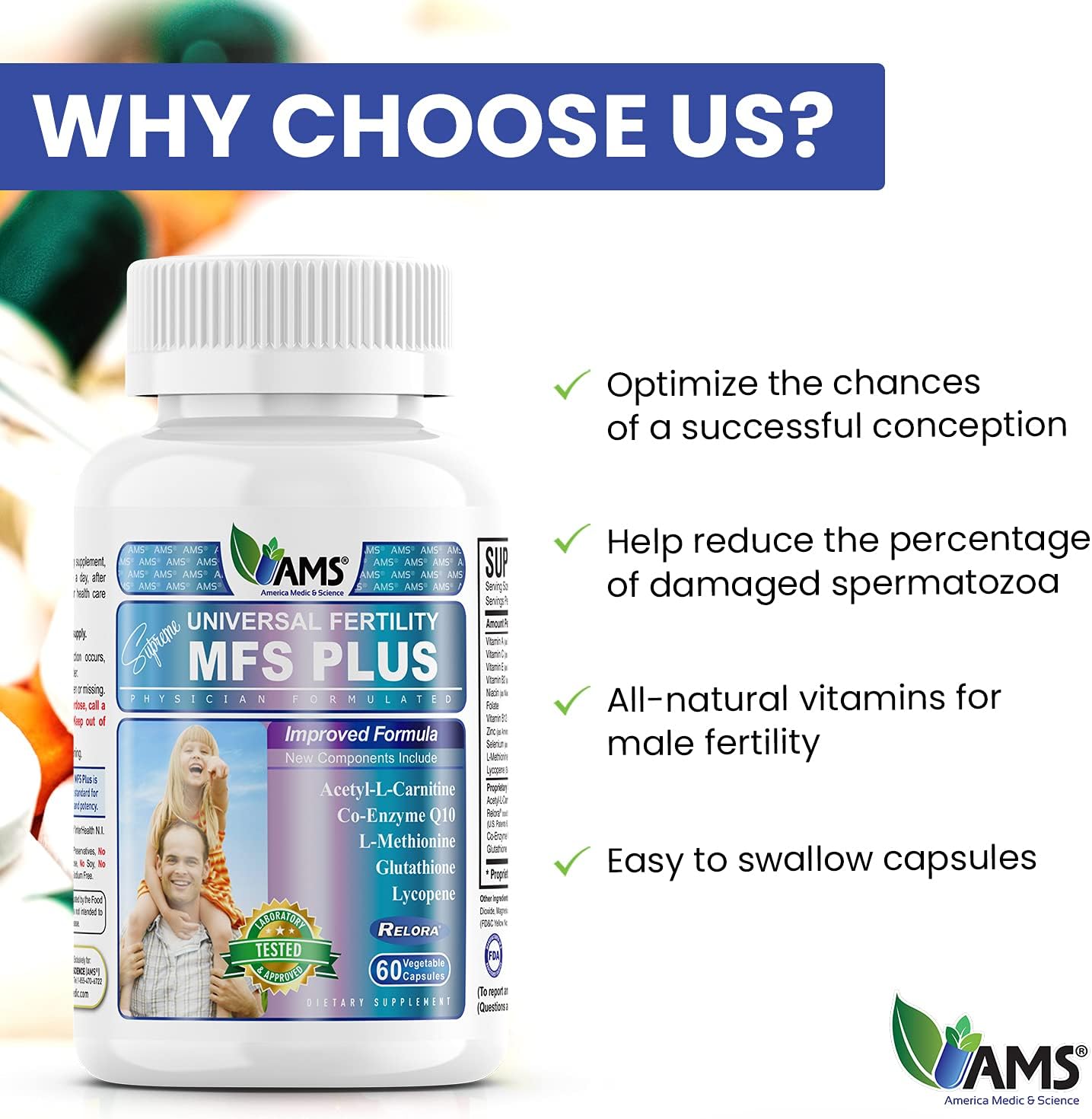 America Medic & Science MFS Plus Fertility Supplements for Men - 60 Capsules, Boost Sperm Count & Motility, Zinc & CoQ10