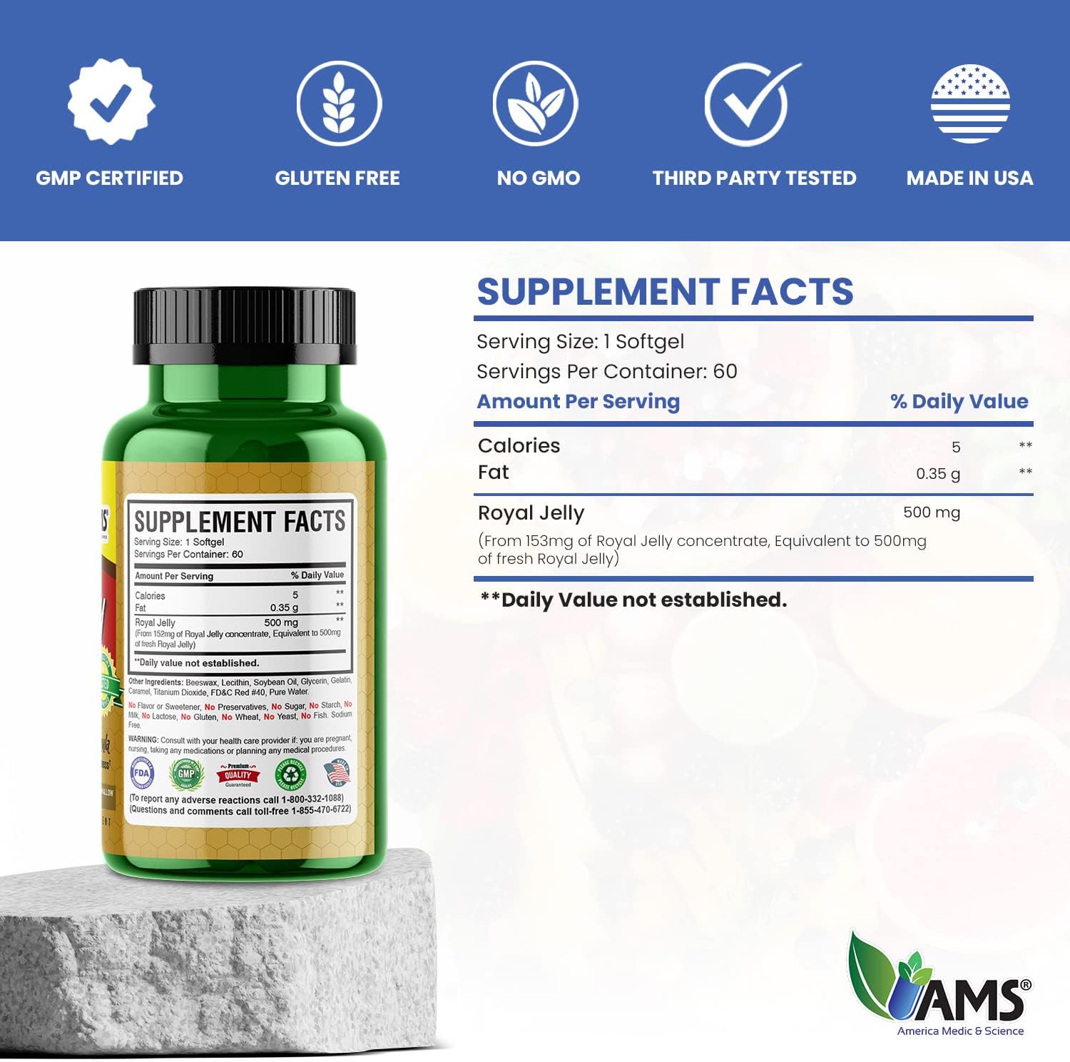America Medic & Science Royal Jelly 500mg Softgels - Immunity & Fertility Support for Women - Skin, Liver, Heart, Brain Health - Queen Bee Superfood