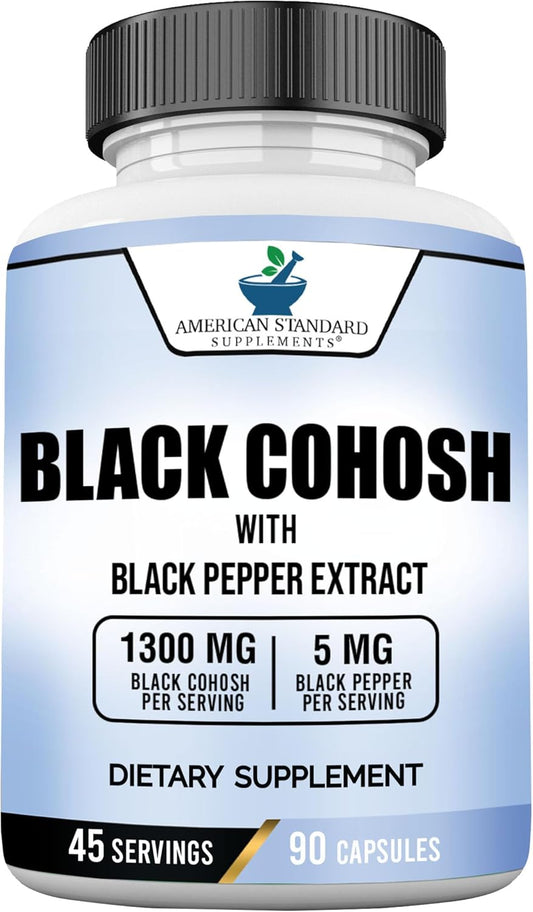 American Standard Black Cohosh Supplement - 1300mg with Black Pepper - Vegan, Gluten Free, Non-GMO - 90 Capsules, 45 Servings
