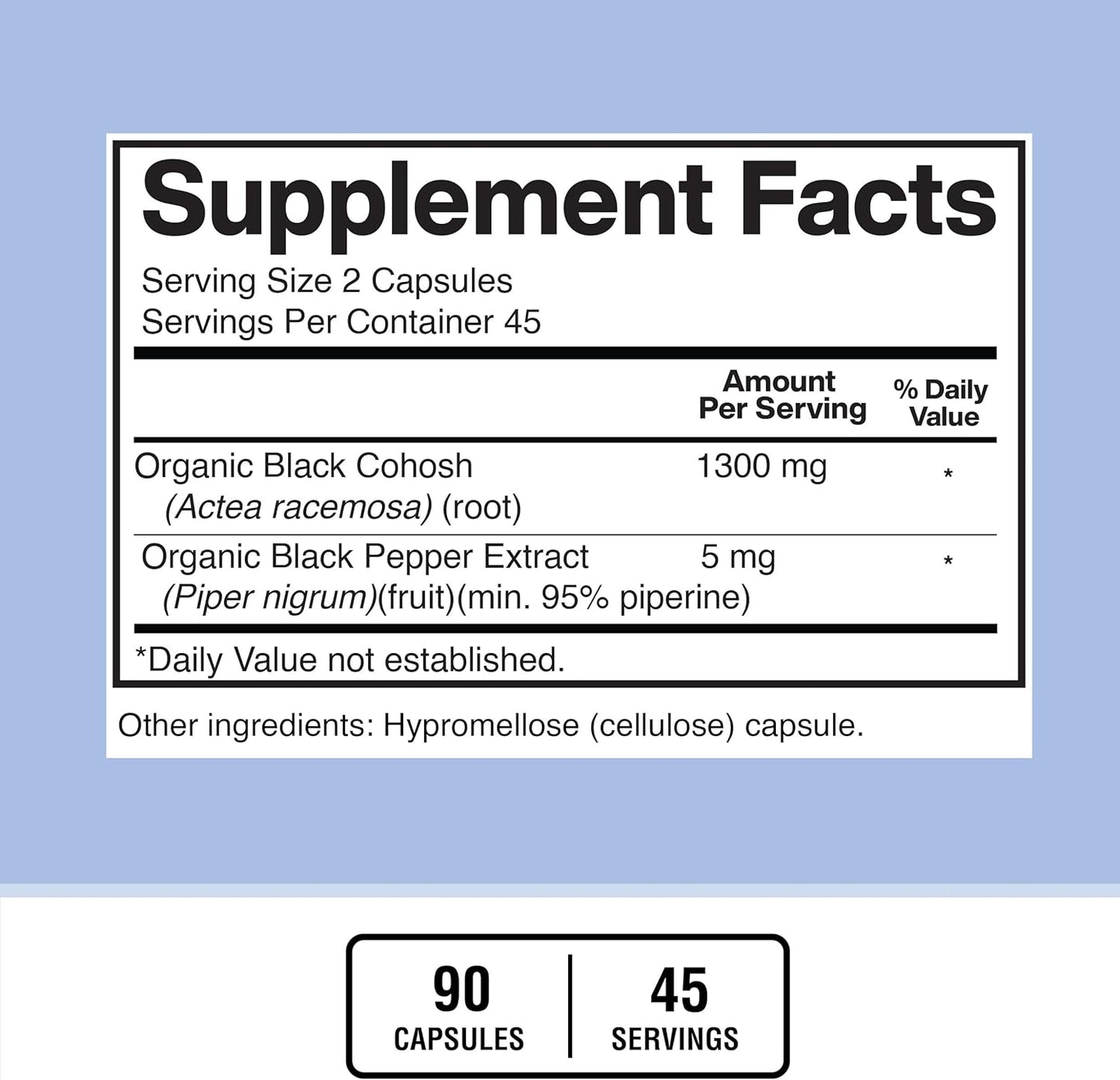 American Standard Black Cohosh Supplement - 1300mg with Black Pepper - Vegan, Gluten Free, Non-GMO - 90 Capsules, 45 Servings