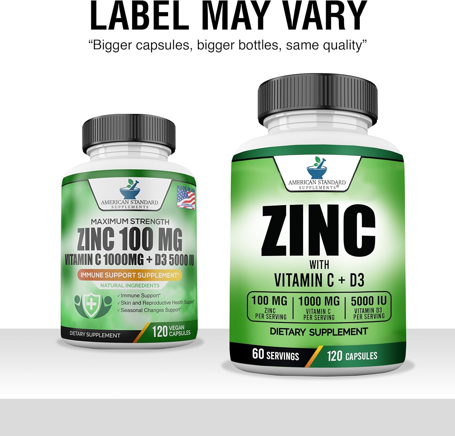 American Standard Supplements Zinc 100mg, Vitamin C 1000mg, and Vitamin D3 5000 IU Capsules - Gluten Free, Non-GMO, 120 Capsules, 60 Servings