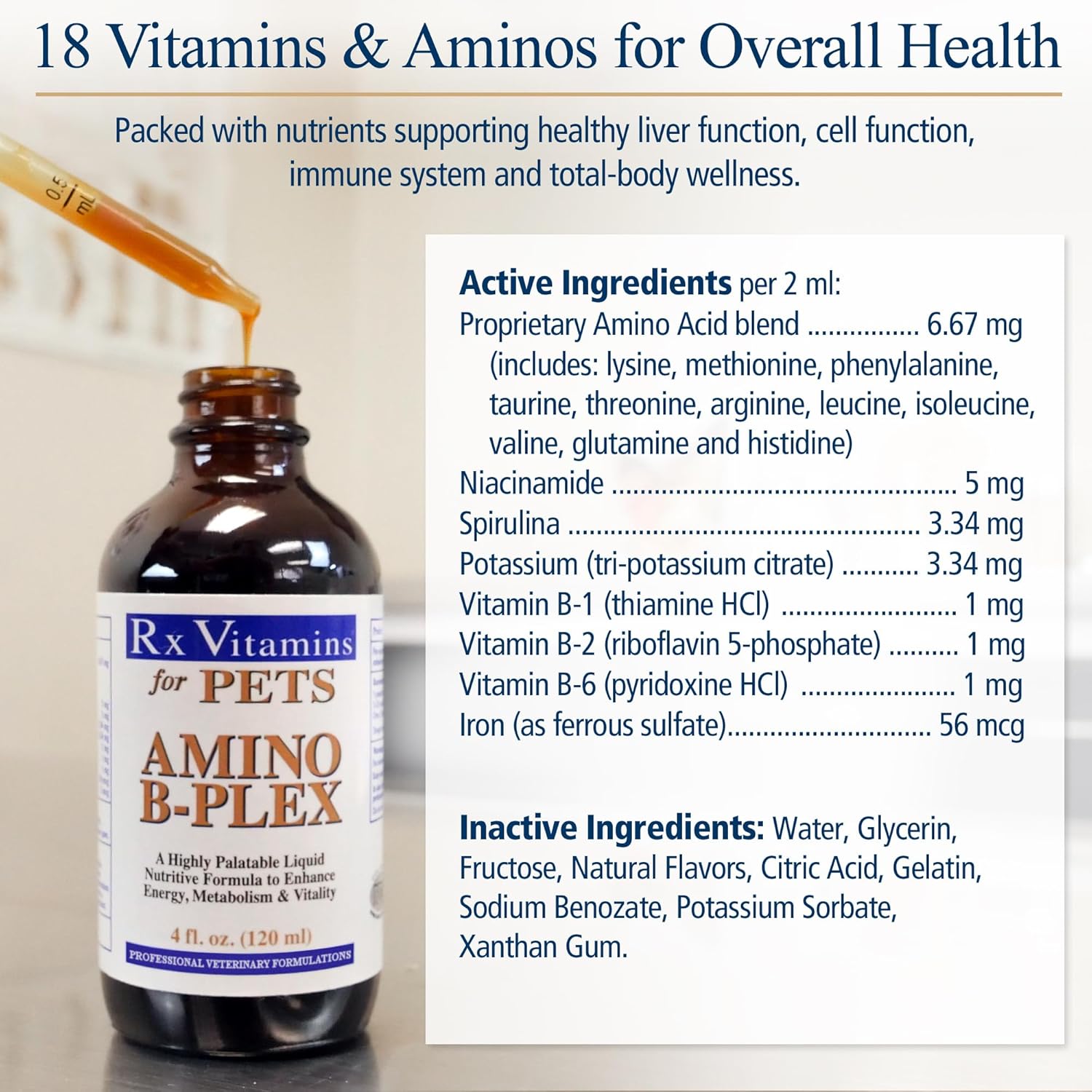 Amino B Plex for Pets: B Vitamin Complex with Amino Acids - 4 oz Supplement for Dogs & Cats Total Body Support