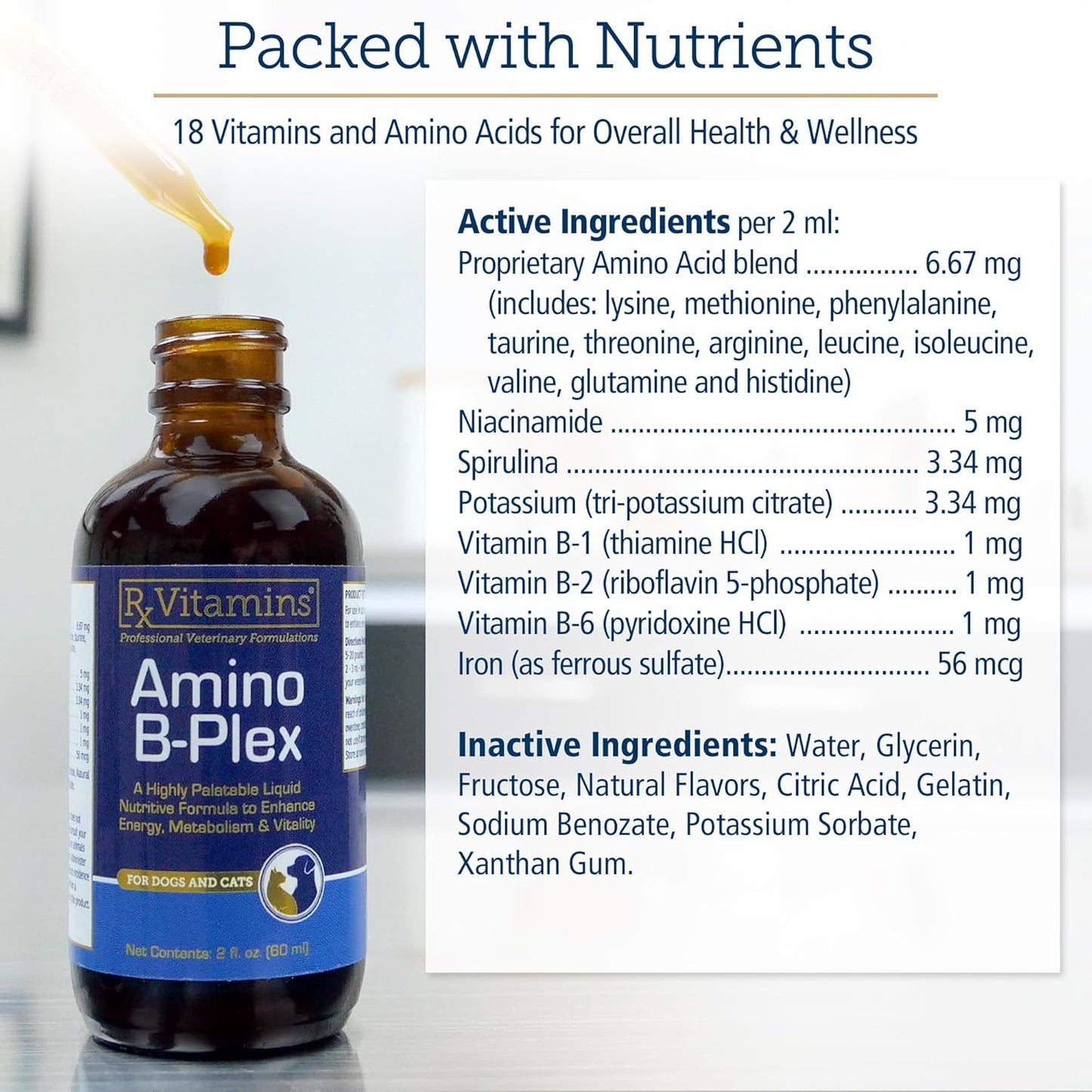 Amino B Plex Liquid Supplement for Dogs & Cats - Vitamin B Complex with Amino Acids - Appetite Booster & Weight Gainer - 2 oz